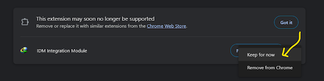 select keep for now to use idm extension in chrome with manifest version 2